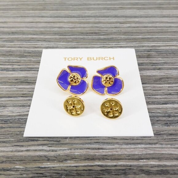 Tory Burch Fleur Flower Stud Earrings Purple OS - Picture 12 of 14
